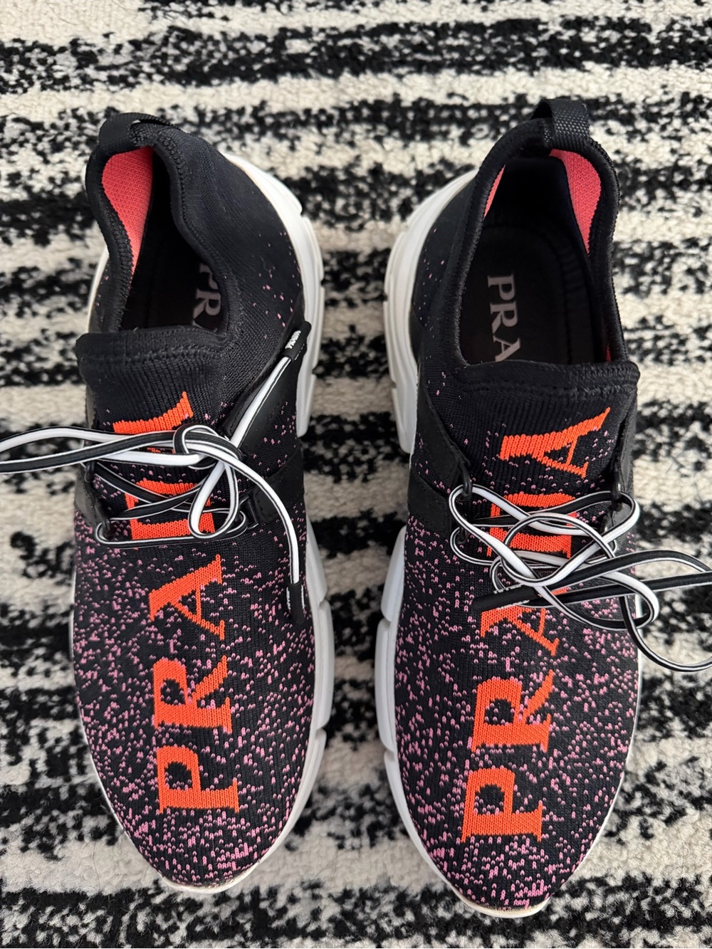 Prada Black, Pink & Orange Knit Logo Slip-On Sneakers